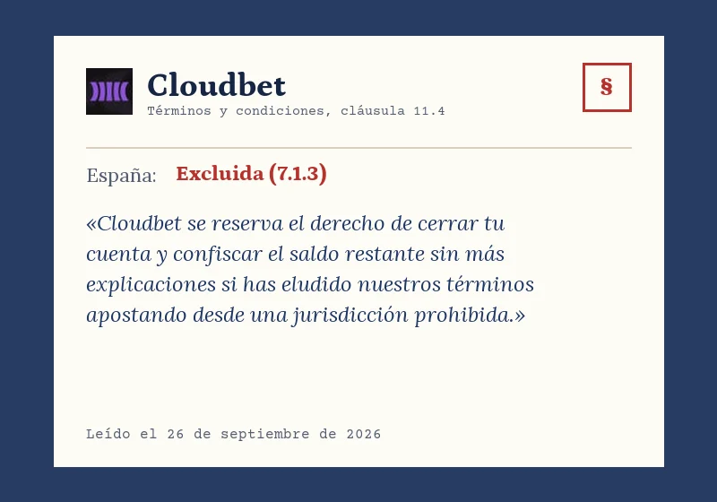 Cloudbet, Términos y condiciones, cláusula 11.4: Excluida (7.1.3)